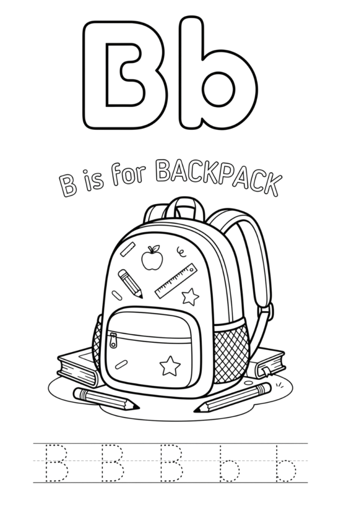 Free printable Alphabet B coloring pages featuring uppercase and lowercase B with cute objects like bear, bee, butterfly, bird, balloon, bus, book, and banana for kids learning alphabet.