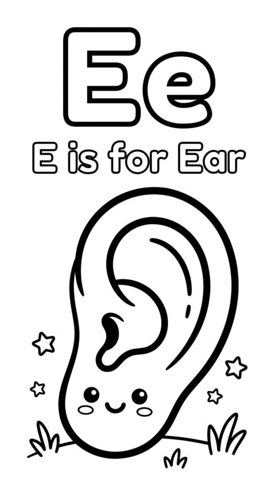 Free printable Alphabet E coloring pages for kids featuring uppercase and lowercase E with cute E words and illustrations for preschool and kindergarten learning.