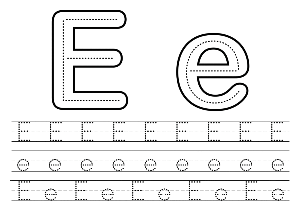 Free printable Alphabet E coloring pages for kids featuring uppercase and lowercase E with cute E words and illustrations for preschool and kindergarten learning.