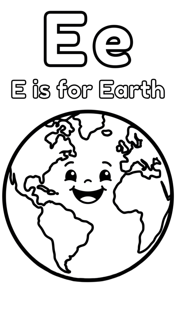 Free printable Alphabet E coloring pages for kids featuring uppercase and lowercase E with cute E words and illustrations for preschool and kindergarten learning.