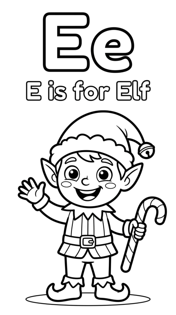 Free printable Alphabet E coloring pages for kids featuring uppercase and lowercase E with cute E words and illustrations for preschool and kindergarten learning.