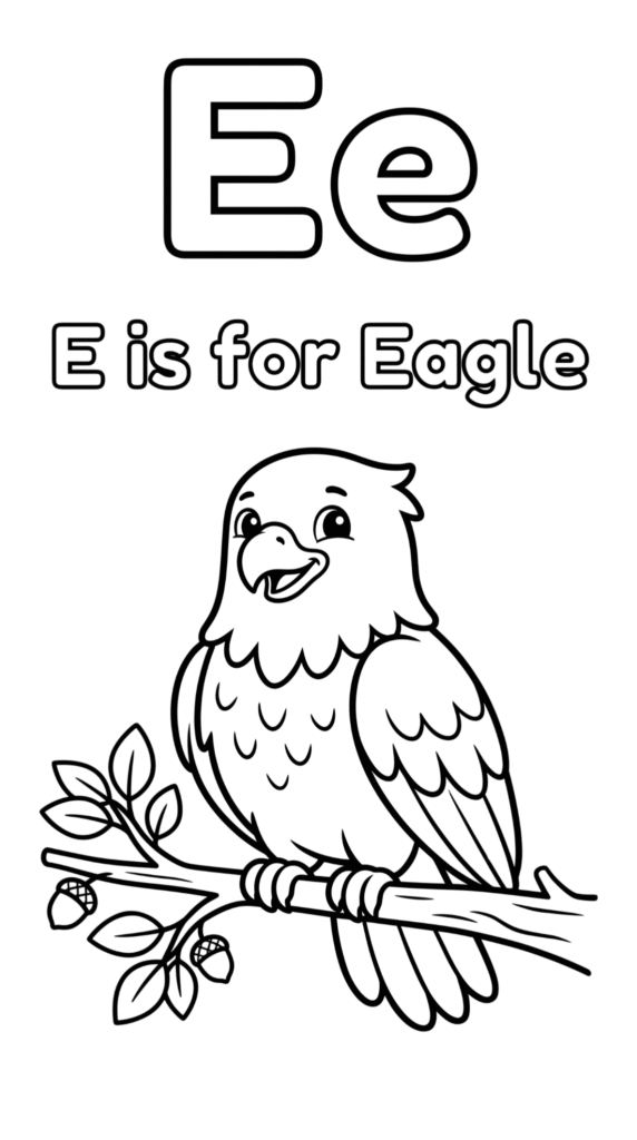 Free printable Alphabet E coloring pages for kids featuring uppercase and lowercase E with cute E words and illustrations for preschool and kindergarten learning.