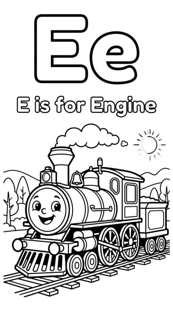 Free printable Alphabet E coloring pages for kids featuring uppercase and lowercase E with cute E words and illustrations for preschool and kindergarten learning.