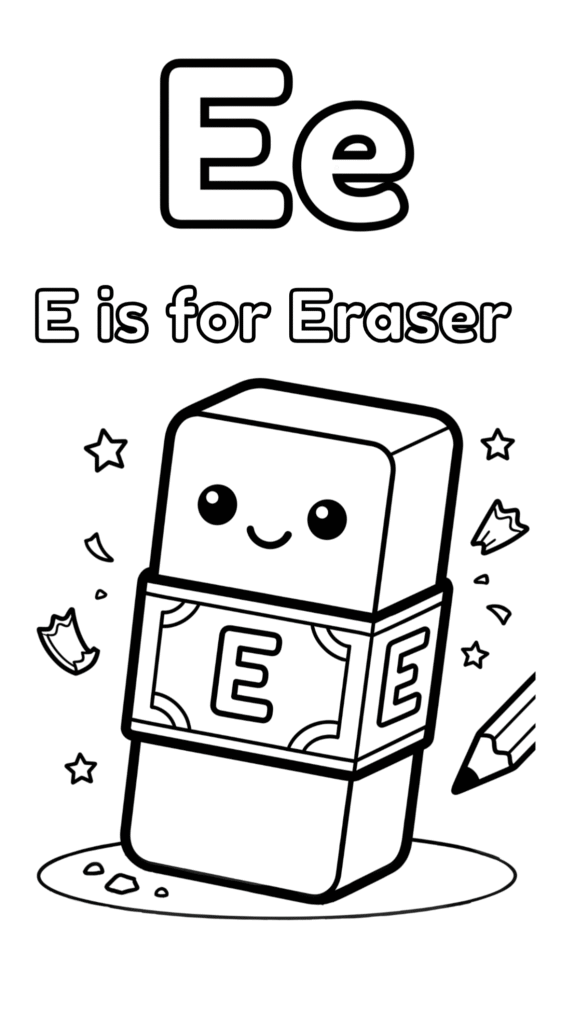Free printable Alphabet E coloring pages for kids featuring uppercase and lowercase E with cute E words and illustrations for preschool and kindergarten learning.