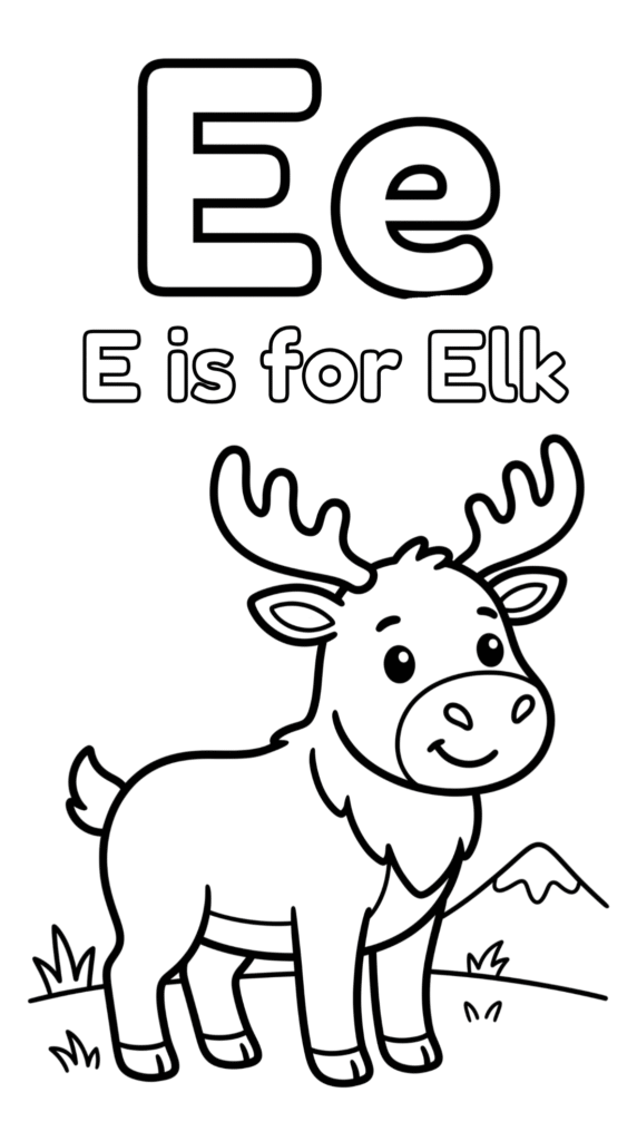 Free printable Alphabet E coloring pages for kids featuring uppercase and lowercase E with cute E words and illustrations for preschool and kindergarten learning.