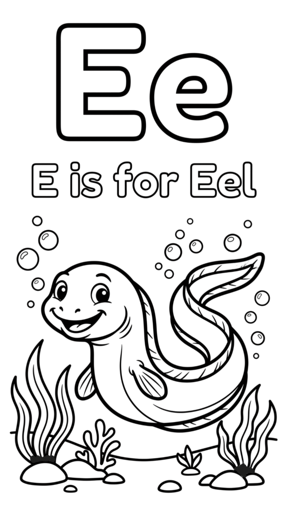 Free printable Alphabet E coloring pages for kids featuring uppercase and lowercase E with cute E words and illustrations for preschool and kindergarten learning.