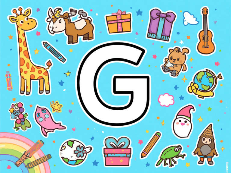 Free printable Alphabet G coloring pages featuring uppercase and lowercase G with cute giraffe, goat, grapes, guitar, and globe illustrations for kids.