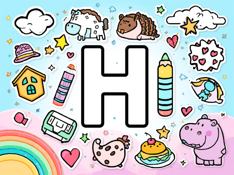 Free printable Alphabet H coloring pages featuring uppercase and lowercase H with cute horse, house, helicopter, hamster, and hedgehog illustrations for kids.