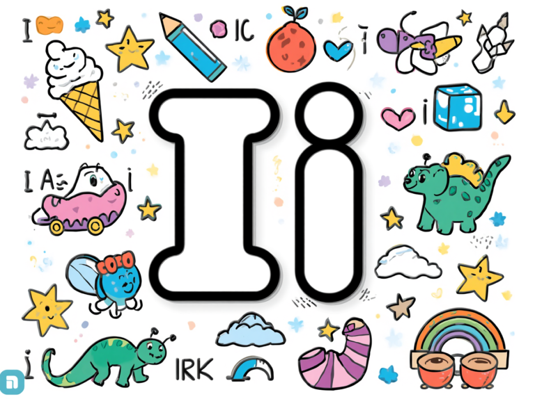Free printable Alphabet I coloring pages featuring uppercase and lowercase I with cute ice cream, igloo, iguana, insect, and island illustrations for kids.