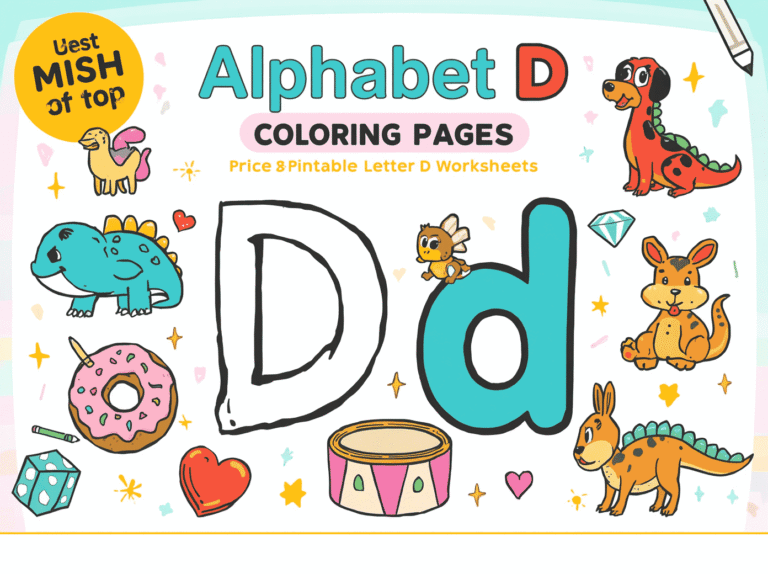 Free printable Alphabet D coloring pages featuring uppercase and lowercase D with cute dog, duck, dinosaur, dolphin, dragon, and donut illustrations for preschool and kindergarten kids.