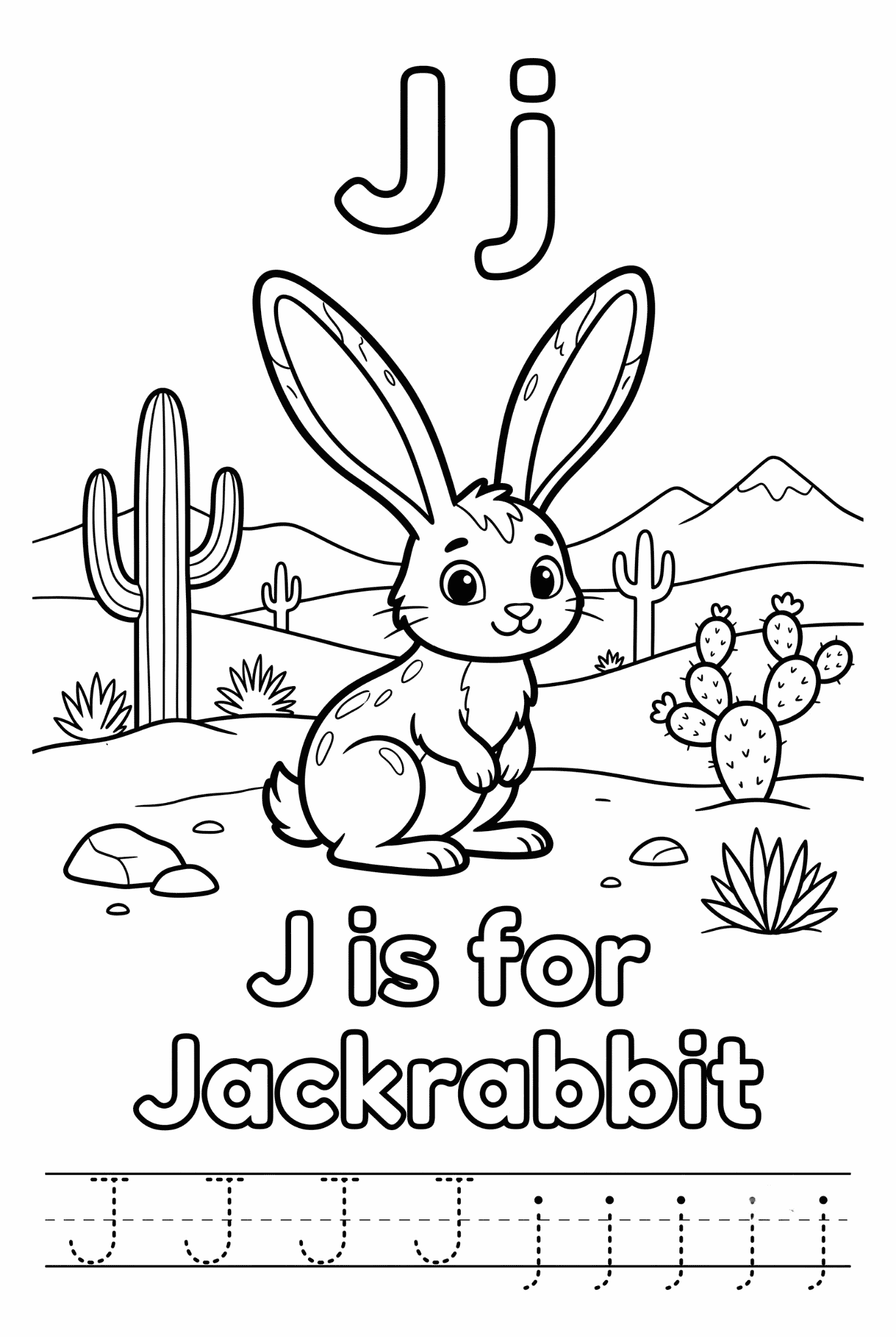 Free printable Alphabet J coloring pages for kids featuring uppercase and lowercase J with cute J words and illustrations for preschool and kindergarten learning.