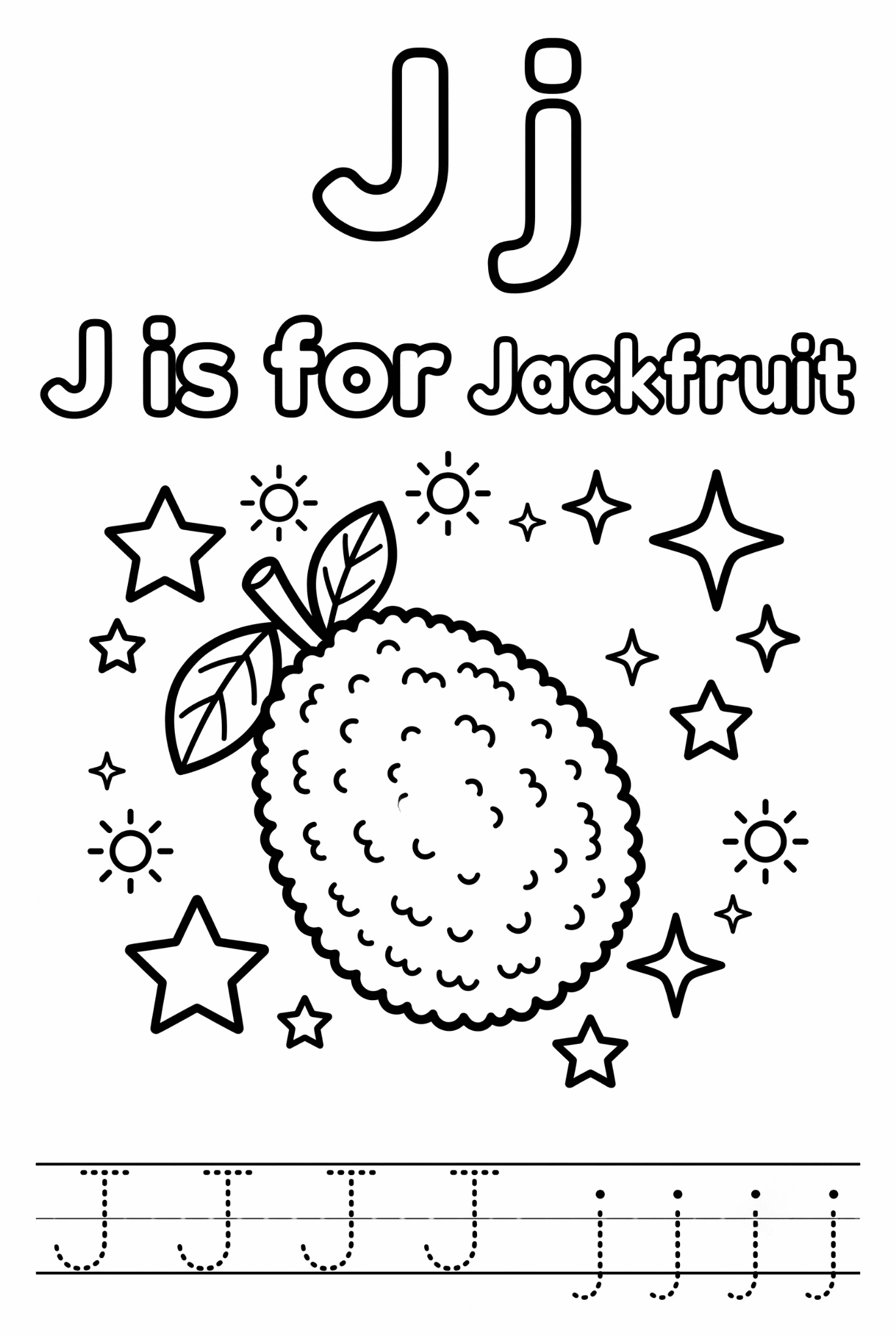 Free printable Alphabet J coloring pages for kids featuring uppercase and lowercase J with cute J words and illustrations for preschool and kindergarten learning.