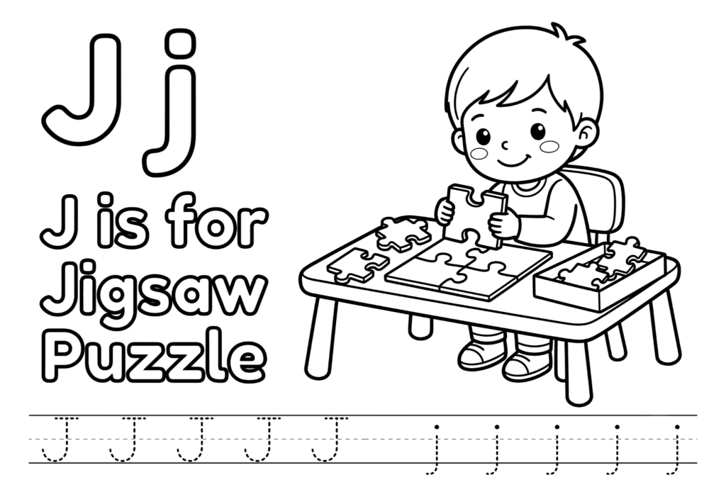 Free printable Alphabet J coloring pages for kids featuring uppercase and lowercase J with cute J words and illustrations for preschool and kindergarten learning.