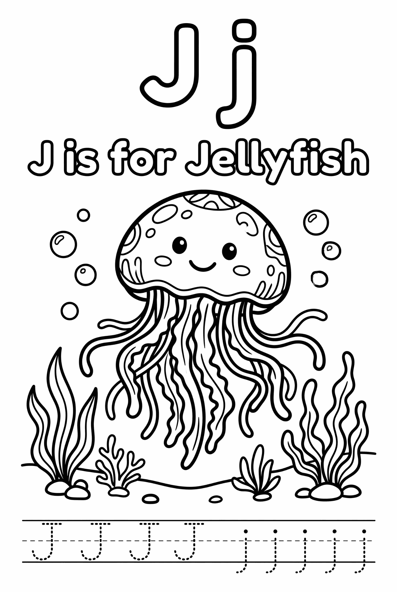 Free printable Alphabet J coloring pages for kids featuring uppercase and lowercase J with cute J words and illustrations for preschool and kindergarten learning.