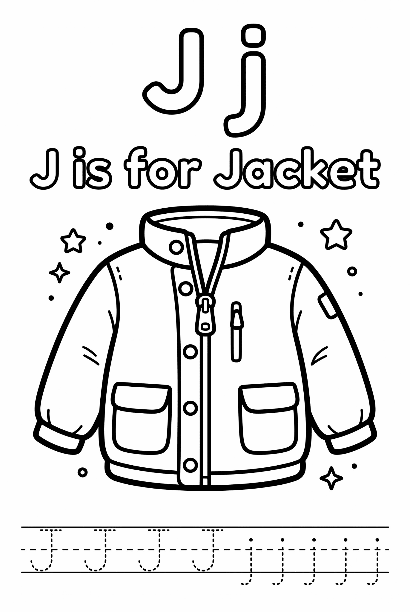 Free printable Alphabet J coloring pages for kids featuring uppercase and lowercase J with cute J words and illustrations for preschool and kindergarten learning.
