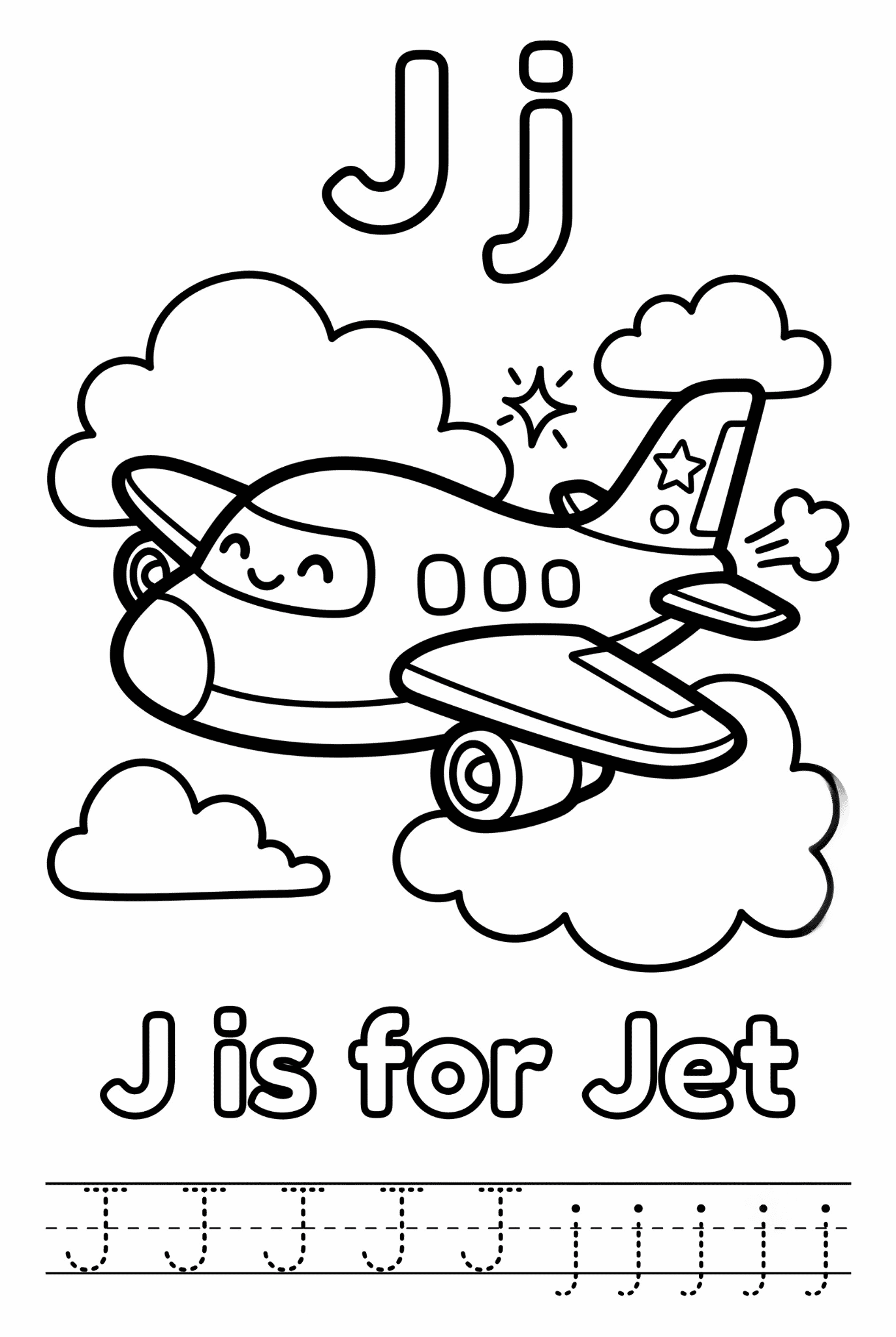 Free printable Alphabet J coloring pages for kids featuring uppercase and lowercase J with cute J words and illustrations for preschool and kindergarten learning.