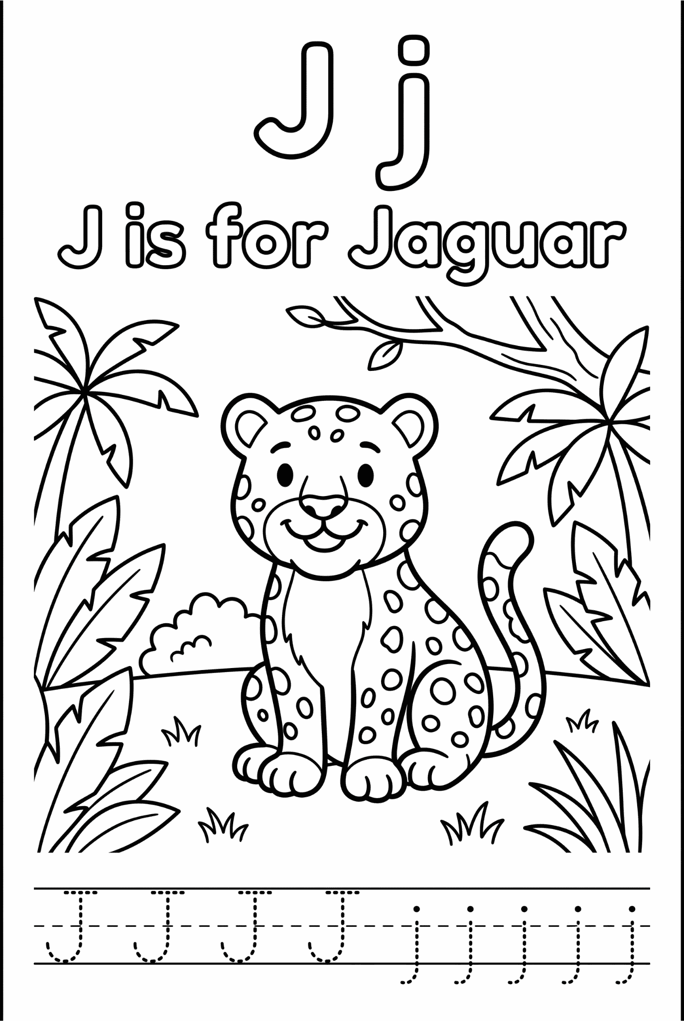 Free printable Alphabet J coloring pages for kids featuring uppercase and lowercase J with cute J words and illustrations for preschool and kindergarten learning.