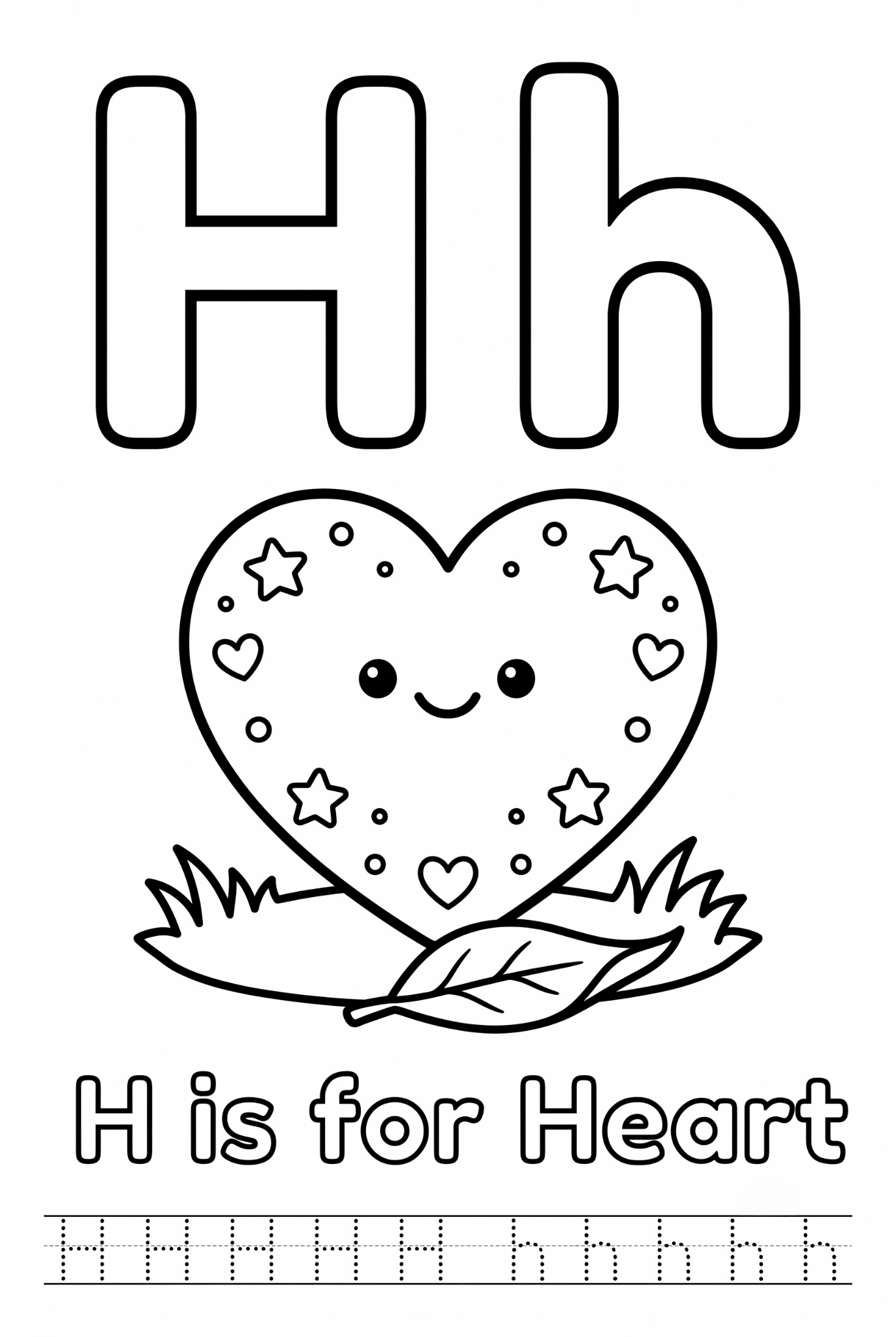 Free printable Alphabet H coloring pages featuring uppercase and lowercase H with cute horse, house, helicopter, hat, and heart illustrations for kids.