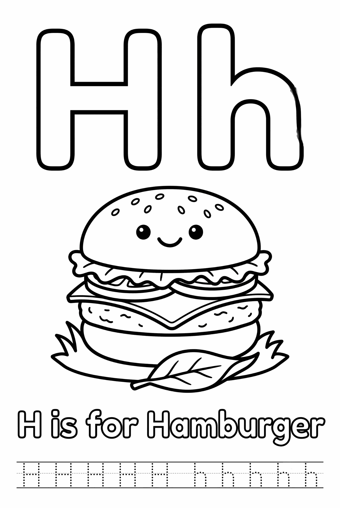 Free printable Alphabet H coloring pages featuring uppercase and lowercase H with cute horse, house, helicopter, hat, and heart illustrations for kids.