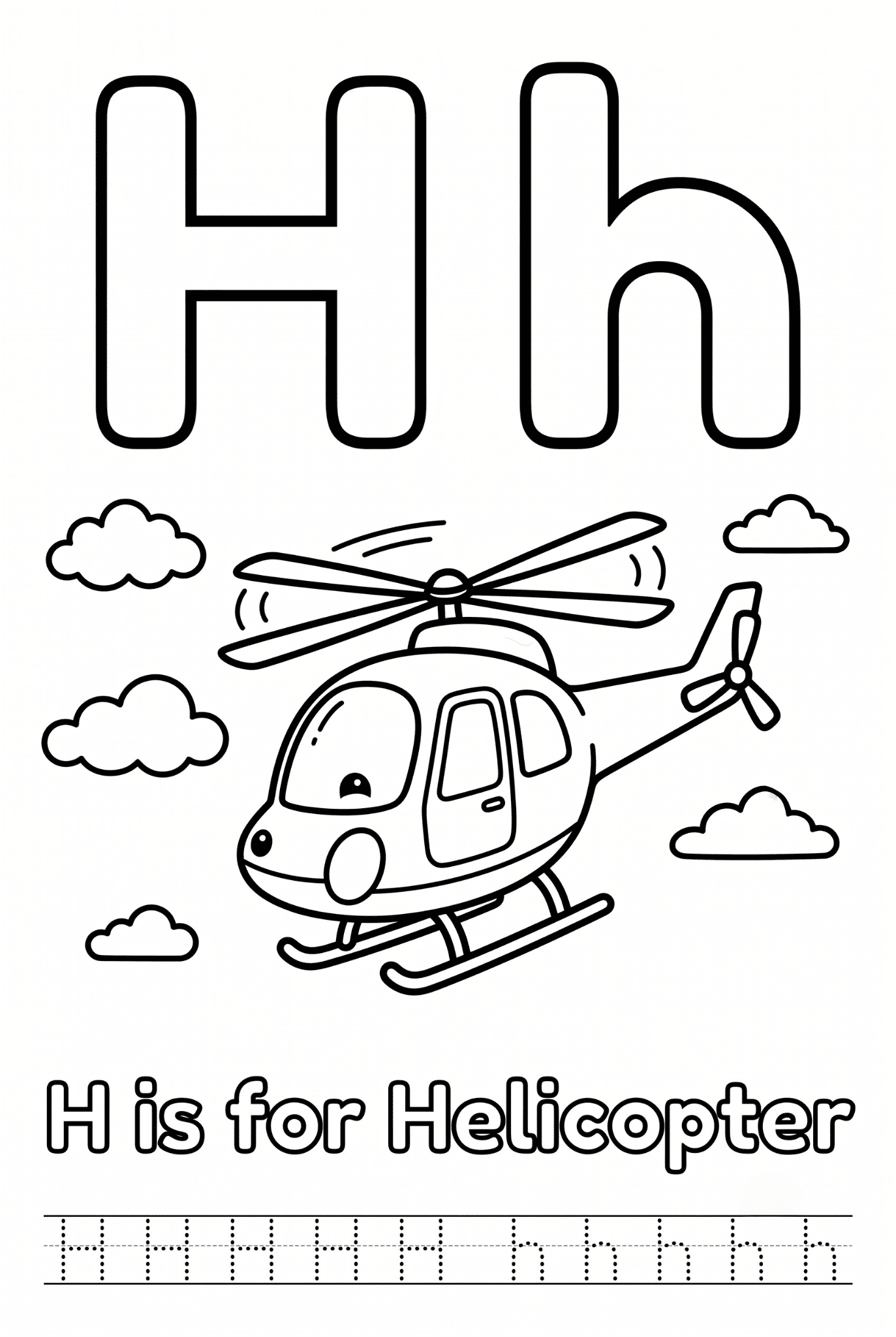 Free printable Alphabet H coloring pages featuring uppercase and lowercase H with cute horse, house, helicopter, hat, and heart illustrations for kids.