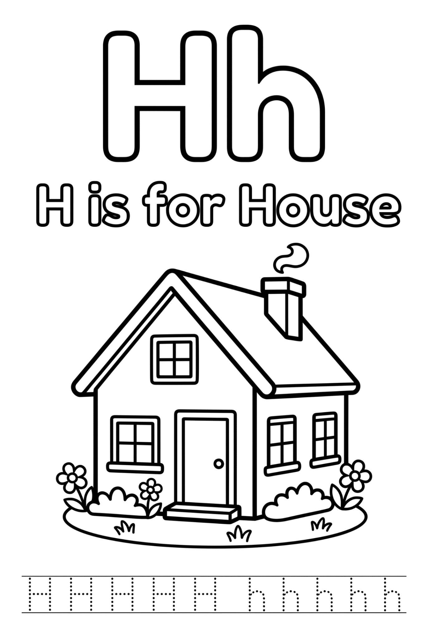 Free printable Alphabet H coloring pages featuring uppercase and lowercase H with cute horse, house, helicopter, hat, and heart illustrations for kids.