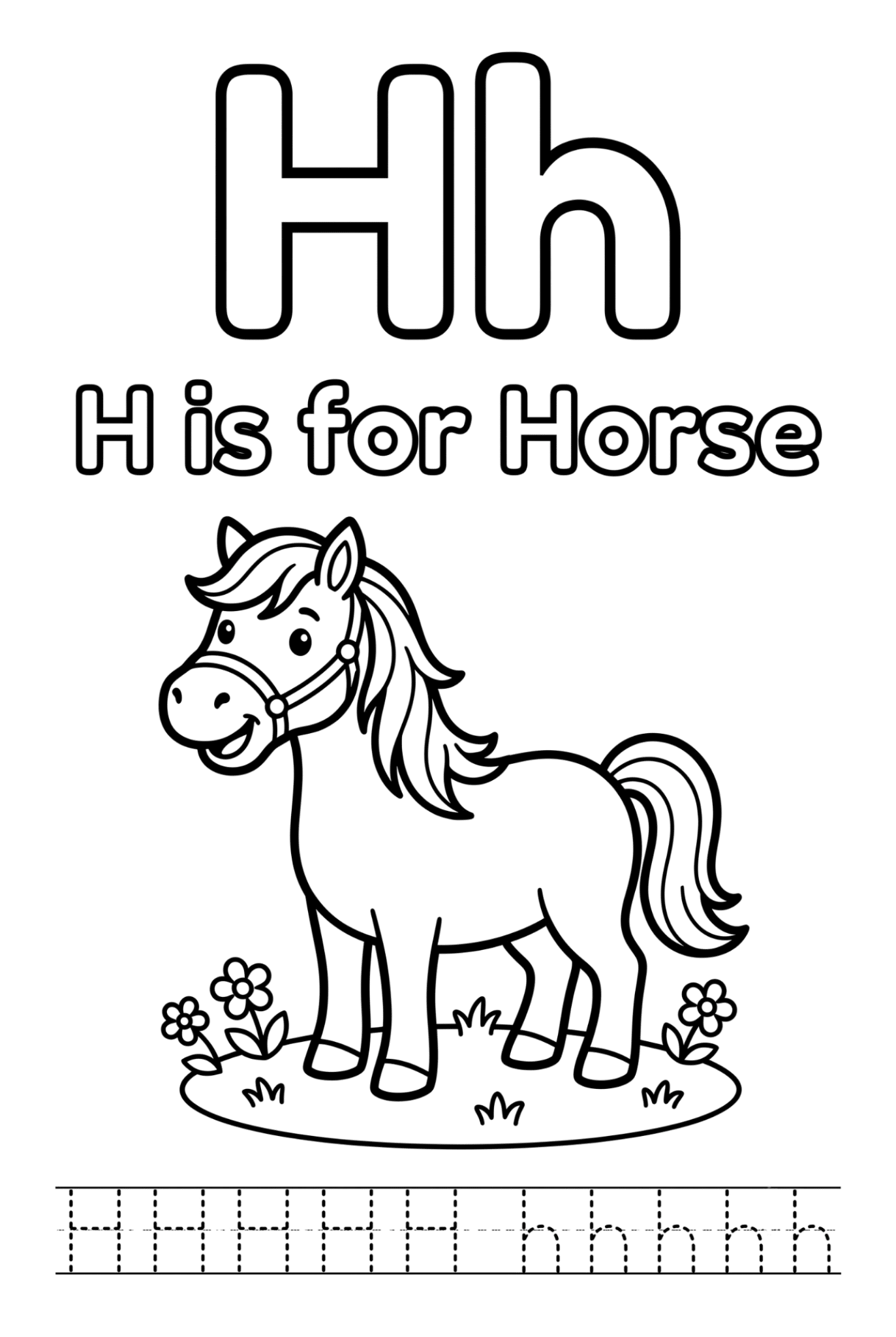 Free printable Alphabet H coloring pages featuring uppercase and lowercase H with cute horse, house, helicopter, hat, and heart illustrations for kids.