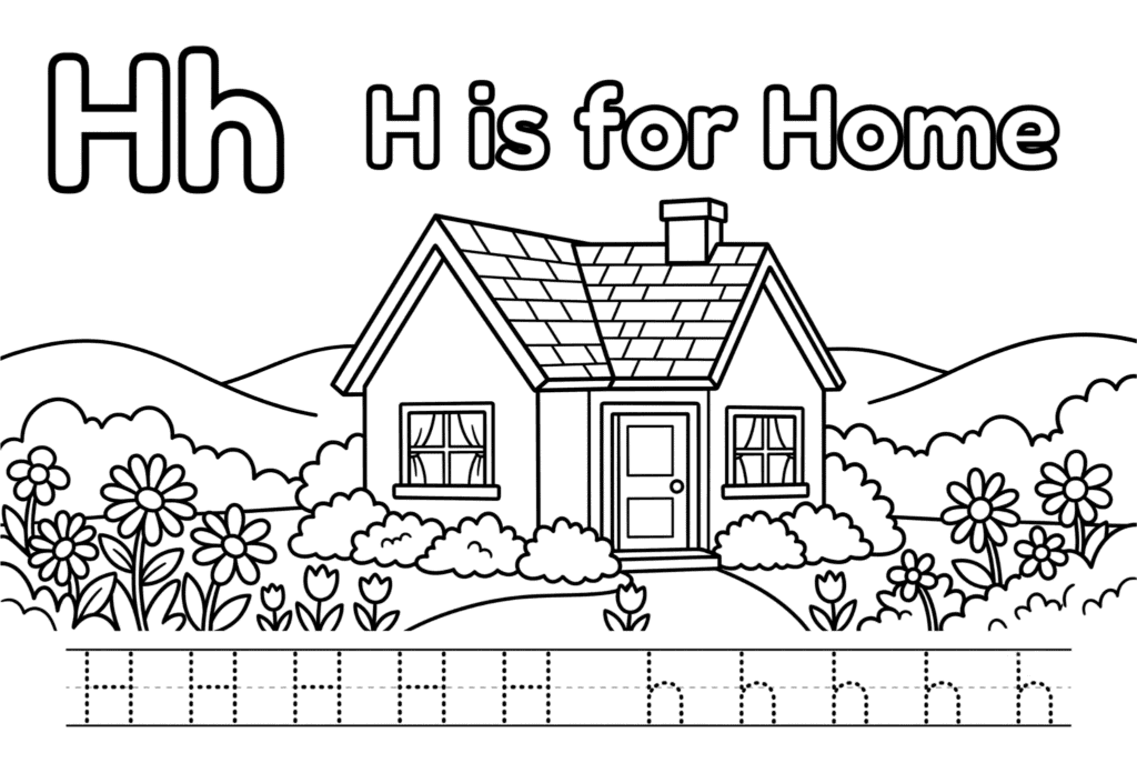 Free printable Alphabet H coloring pages featuring uppercase and lowercase H with cute horse, house, helicopter, hat, and heart illustrations for kids.