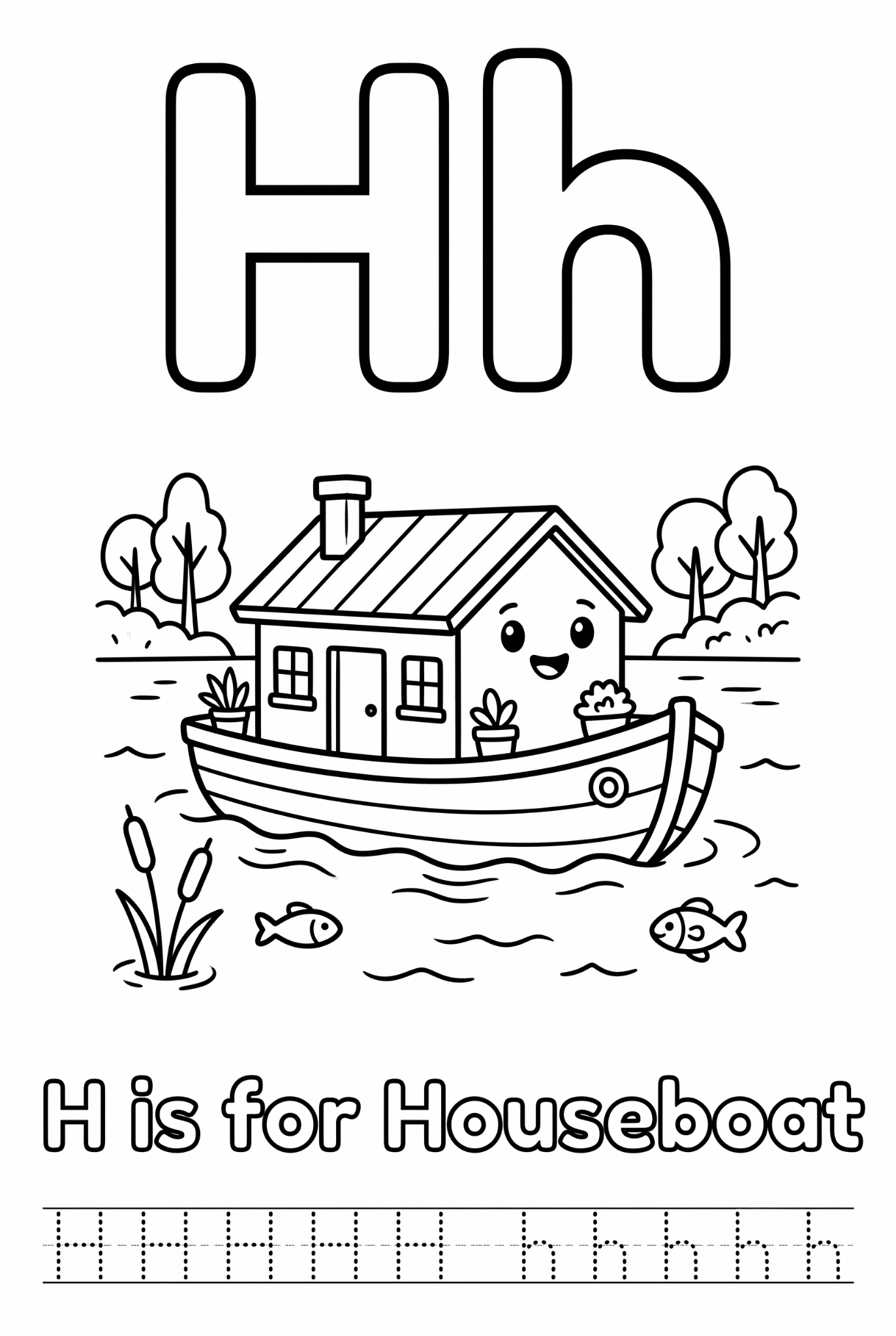 Free printable Alphabet H coloring pages featuring uppercase and lowercase H with cute horse, house, helicopter, hat, and heart illustrations for kids.