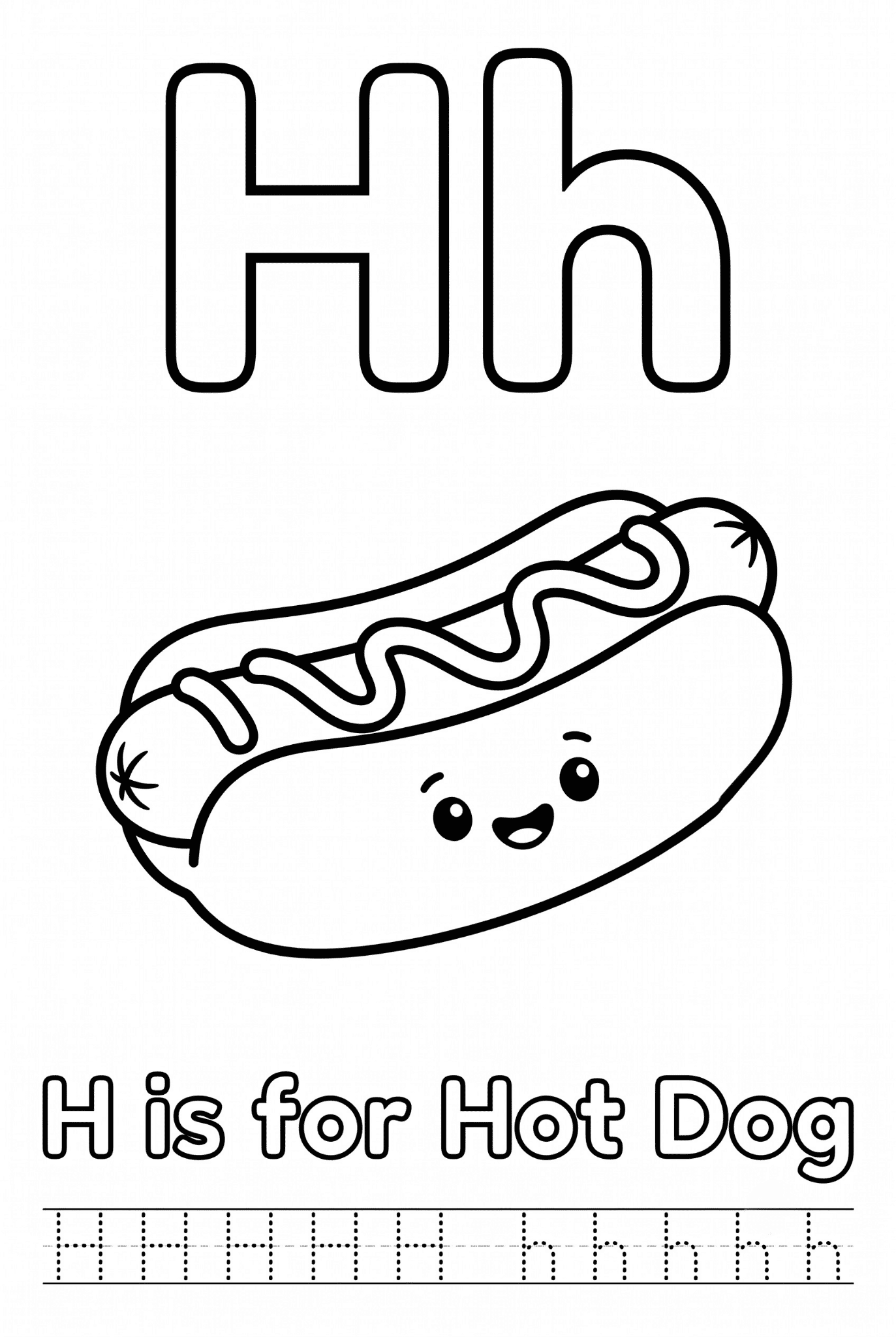 Free printable Alphabet H coloring pages featuring uppercase and lowercase H with cute horse, house, helicopter, hat, and heart illustrations for kids.