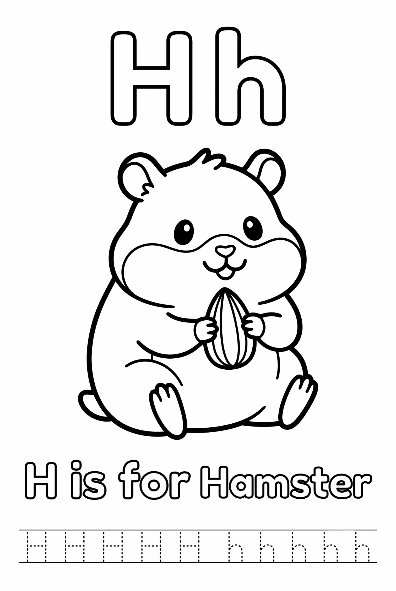 Free printable Alphabet H coloring pages featuring uppercase and lowercase H with cute horse, house, helicopter, hat, and heart illustrations for kids.