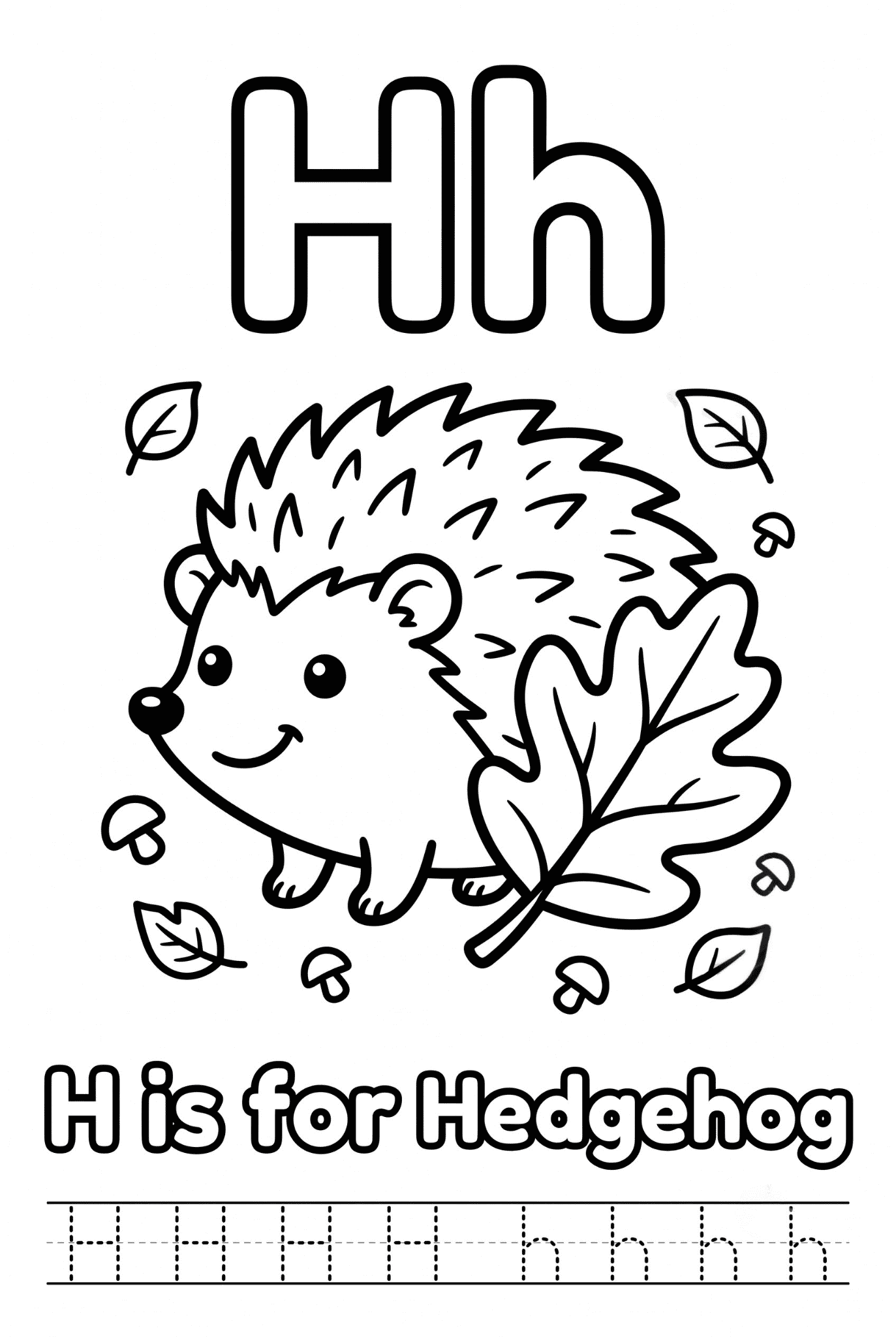 Free printable Alphabet H coloring pages featuring uppercase and lowercase H with cute horse, house, helicopter, hat, and heart illustrations for kids.