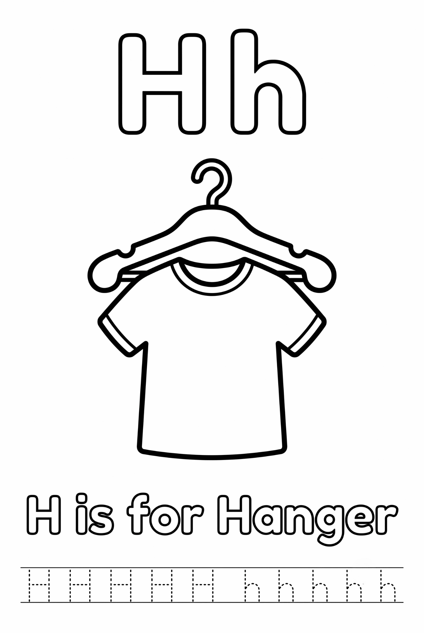 Free printable Alphabet H coloring pages featuring uppercase and lowercase H with cute horse, house, helicopter, hat, and heart illustrations for kids.