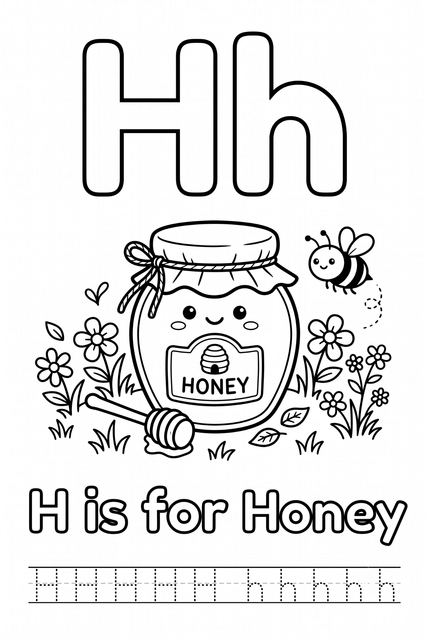 Free printable Alphabet H coloring pages featuring uppercase and lowercase H with cute horse, house, helicopter, hat, and heart illustrations for kids.