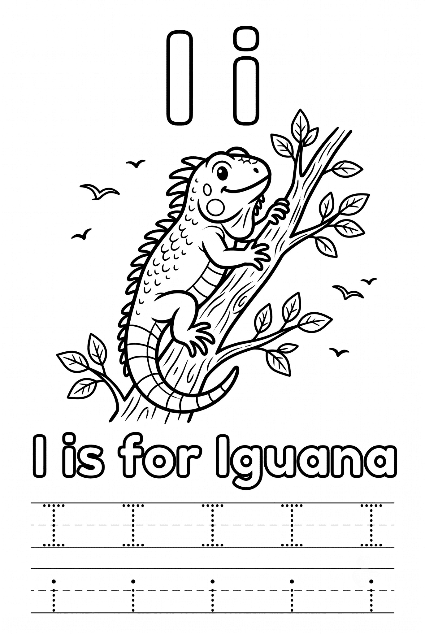 Free printable Alphabet I coloring pages for kids featuring uppercase and lowercase I with cute I words and illustrations for preschool and kindergarten learning.