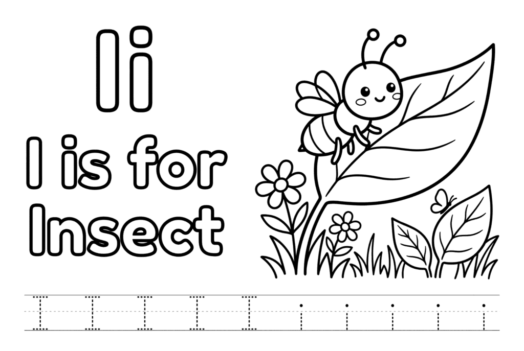 Free printable Alphabet I coloring pages for kids featuring uppercase and lowercase I with cute I words and illustrations for preschool and kindergarten learning.