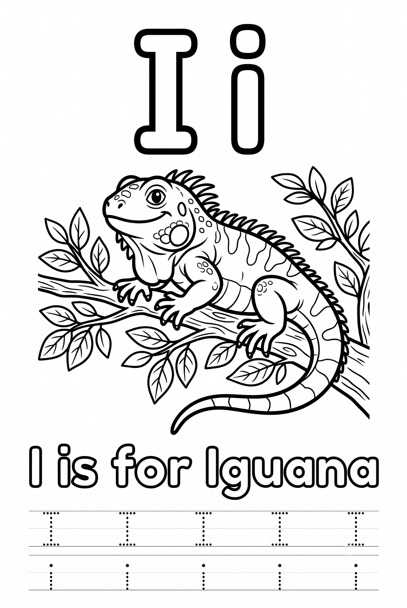 Free printable Alphabet I coloring pages for kids featuring uppercase and lowercase I with cute I words and illustrations for preschool and kindergarten learning.