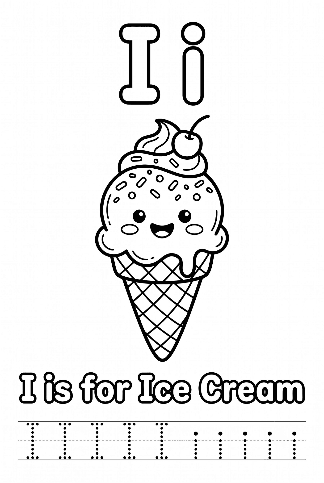 Free printable Alphabet I coloring pages for kids featuring uppercase and lowercase I with cute I words and illustrations for preschool and kindergarten learning.
