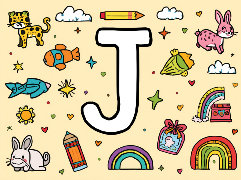 Free printable Alphabet J coloring pages featuring uppercase and lowercase J with cute jaguar, jellyfish, jacket, juice, and jet illustrations for kids.