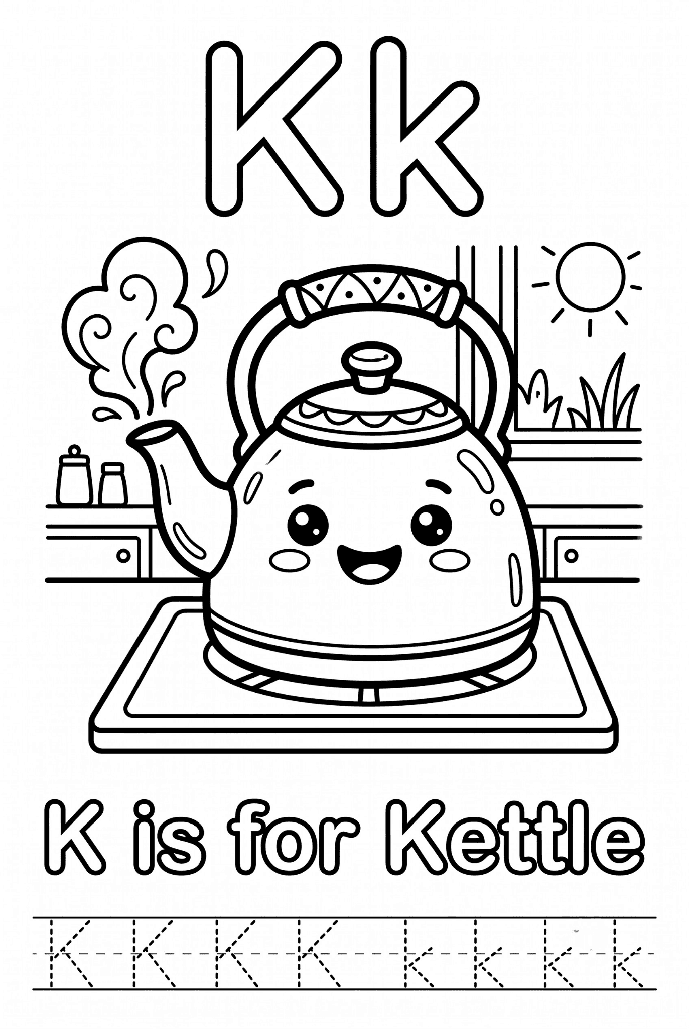 Free printable Alphabet K coloring pages for kids featuring uppercase and lowercase K with cute K words and illustrations for preschool and kindergarten learning.