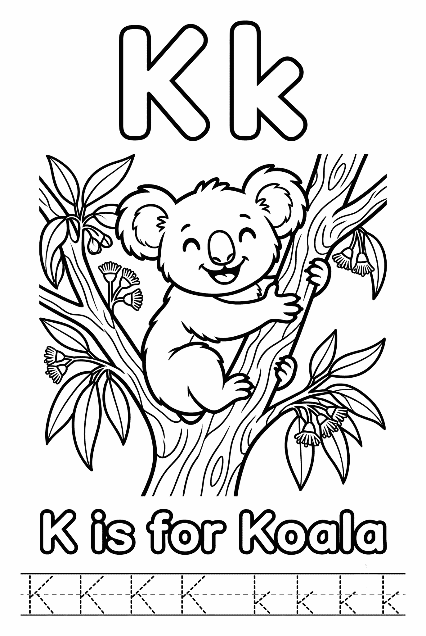 Free printable Alphabet K coloring pages for kids featuring uppercase and lowercase K with cute K words and illustrations for preschool and kindergarten learning.