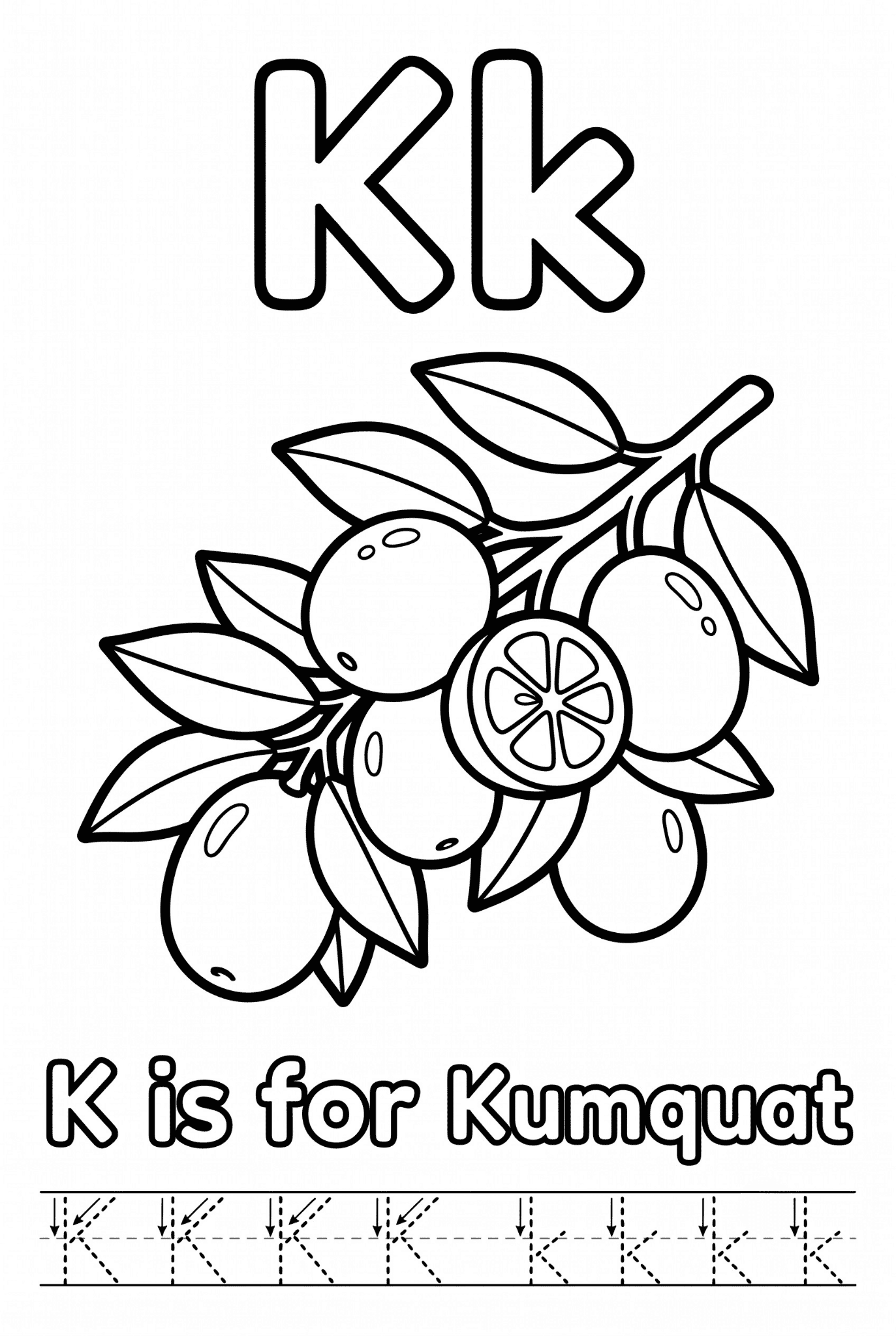 Free printable Alphabet K coloring pages for kids featuring uppercase and lowercase K with cute K words and illustrations for preschool and kindergarten learning.