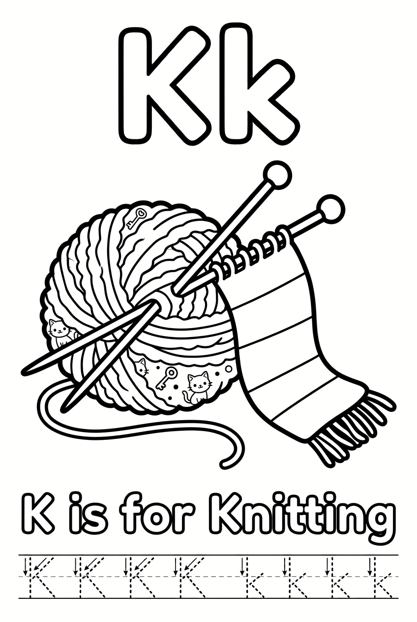 Free printable Alphabet K coloring pages for kids featuring uppercase and lowercase K with cute K words and illustrations for preschool and kindergarten learning.