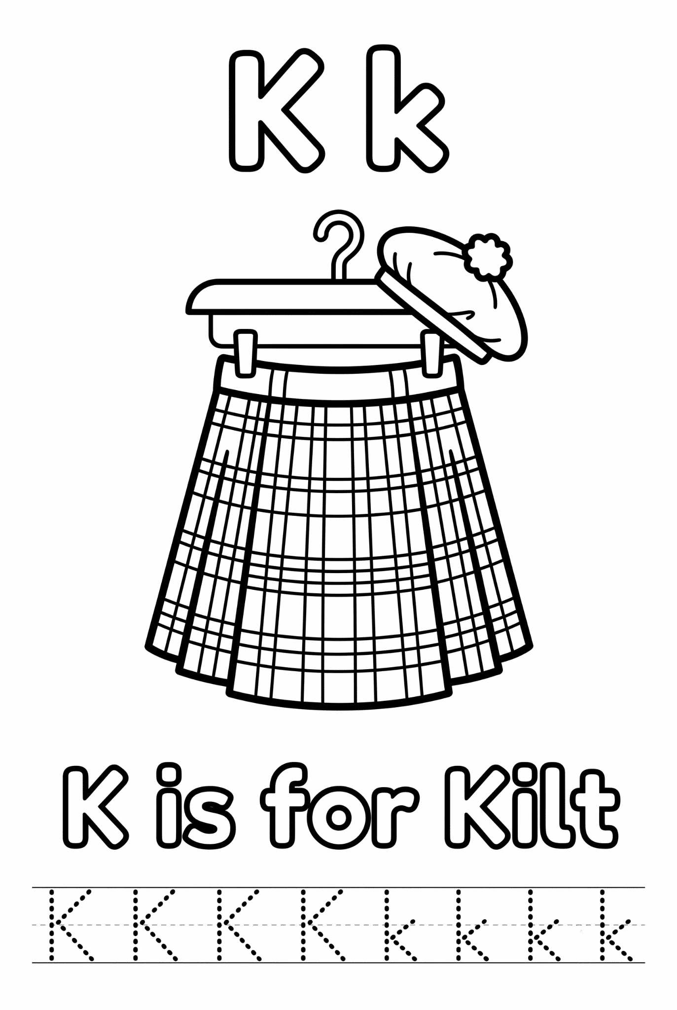 Free printable Alphabet K coloring pages for kids featuring uppercase and lowercase K with cute K words and illustrations for preschool and kindergarten learning.