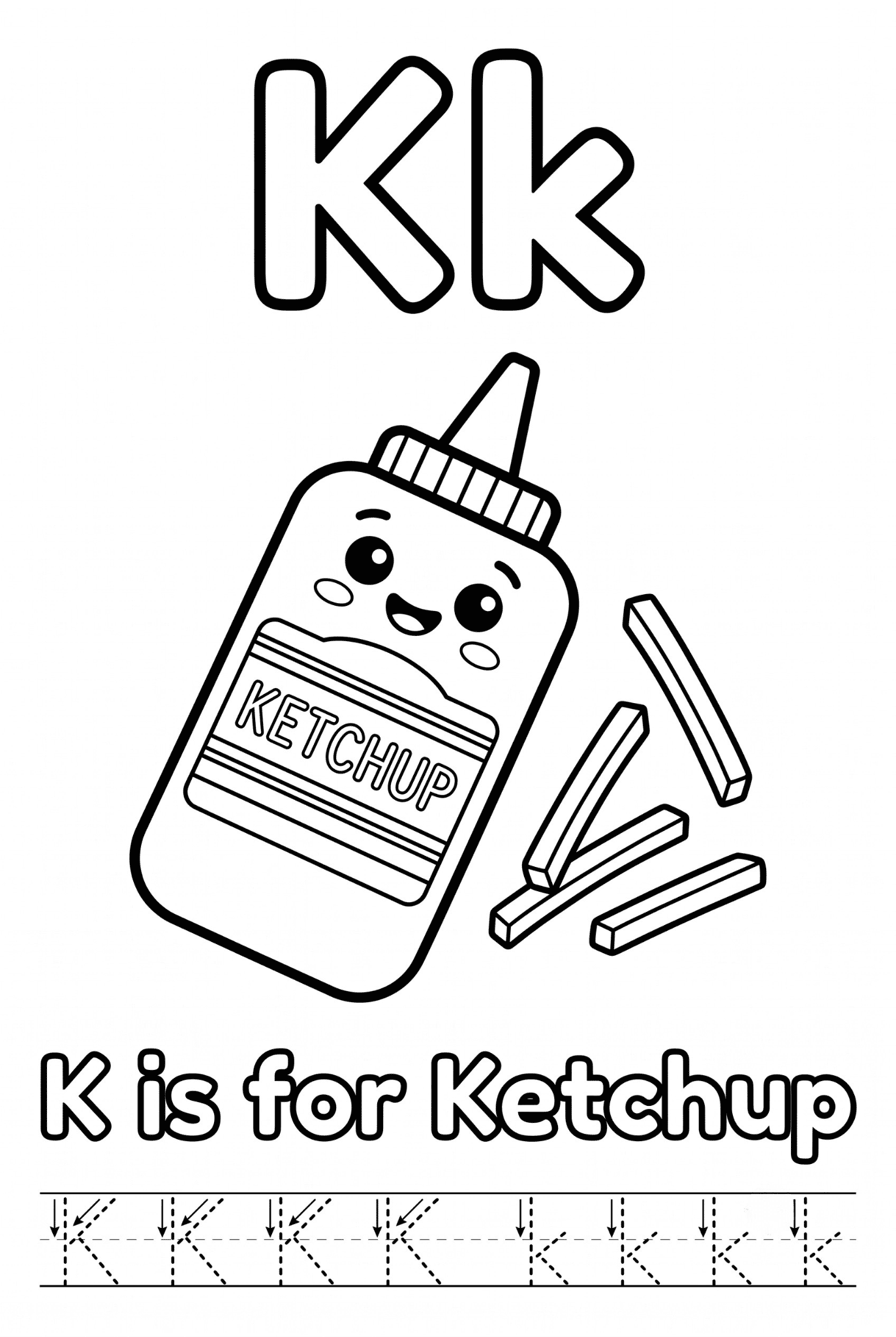 Free printable Alphabet K coloring pages for kids featuring uppercase and lowercase K with cute K words and illustrations for preschool and kindergarten learning.