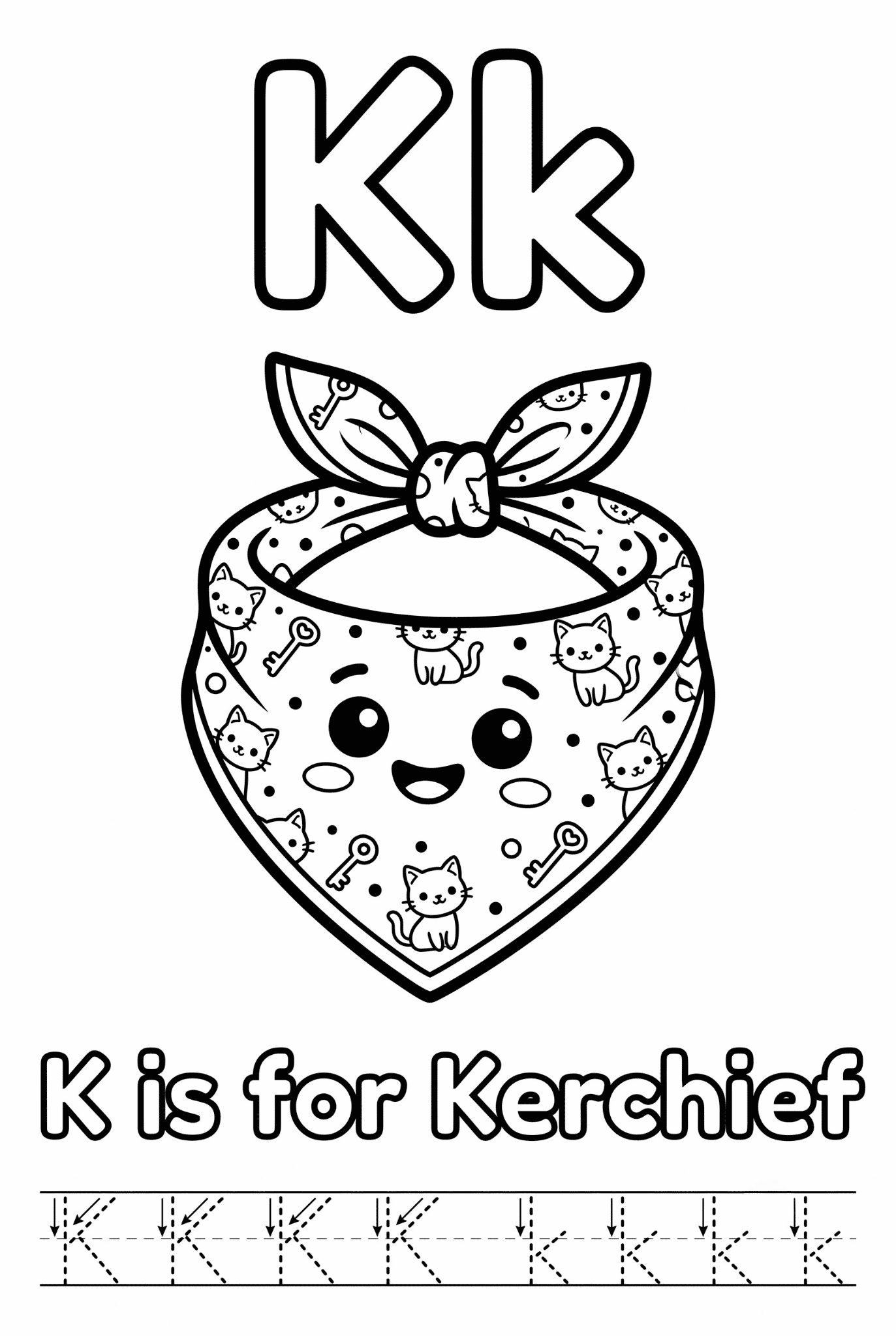Free printable Alphabet K coloring pages for kids featuring uppercase and lowercase K with cute K words and illustrations for preschool and kindergarten learning.