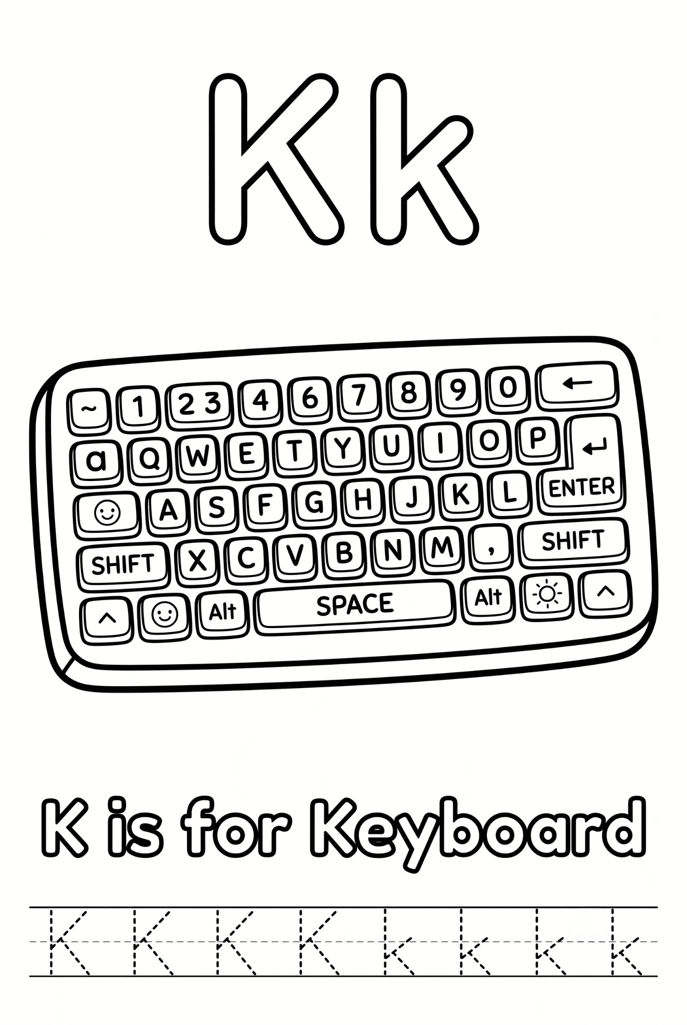 Free printable Alphabet K coloring pages for kids featuring uppercase and lowercase K with cute K words and illustrations for preschool and kindergarten learning.
