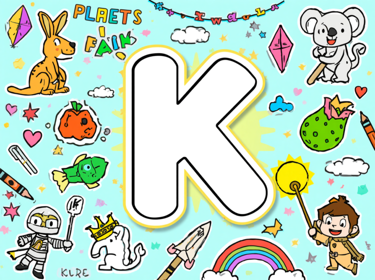 Free printable Alphabet K coloring pages featuring uppercase and lowercase K with cute kangaroo, kite, kiwi, koala, and key illustrations for kids.