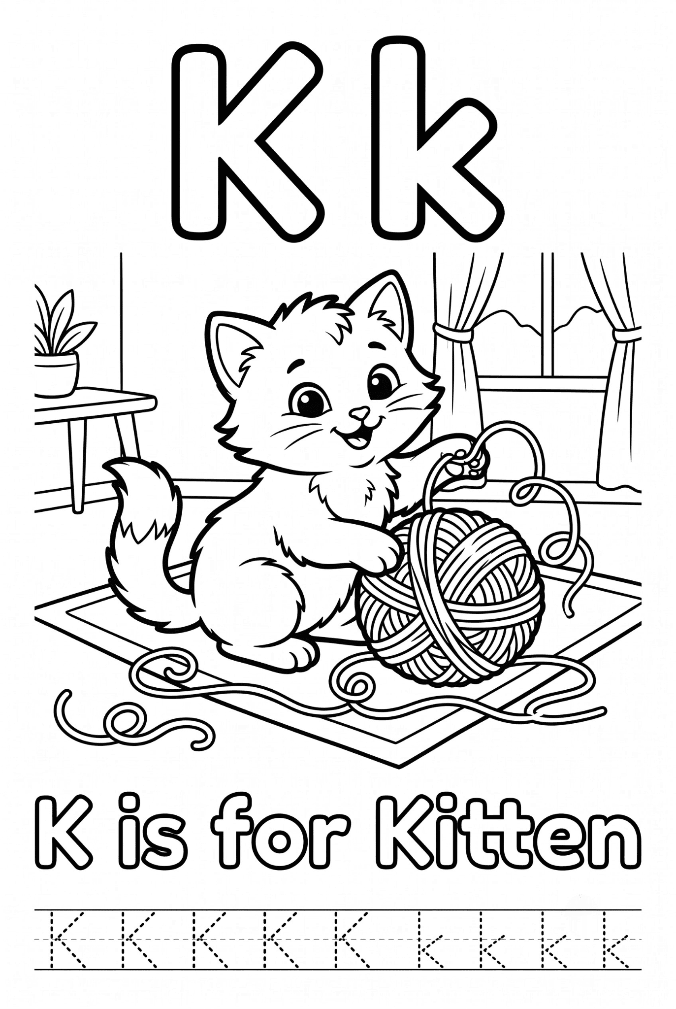 Free printable Alphabet K coloring pages for kids featuring uppercase and lowercase K with cute K words and illustrations for preschool and kindergarten learning.
