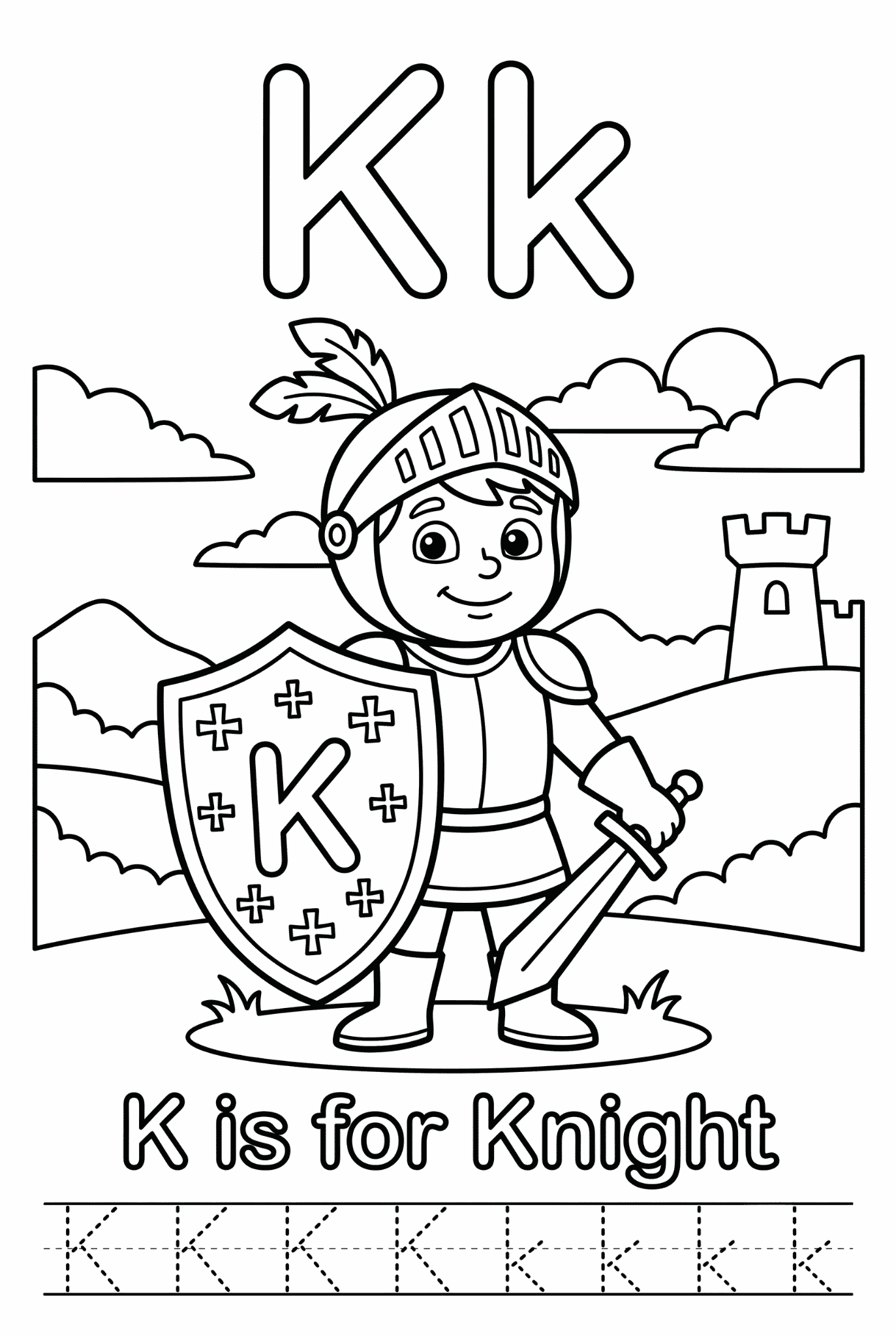 Free printable Alphabet K coloring pages for kids featuring uppercase and lowercase K with cute K words and illustrations for preschool and kindergarten learning.